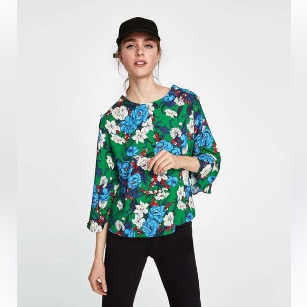 Zara Green and Blue Floral Blouse - sz XS
